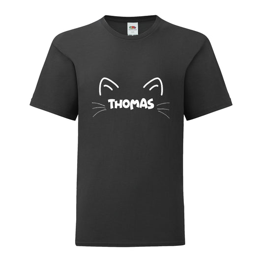 Personalised Name Cat Ears & Whiskers T-Shirt: Kids - Black