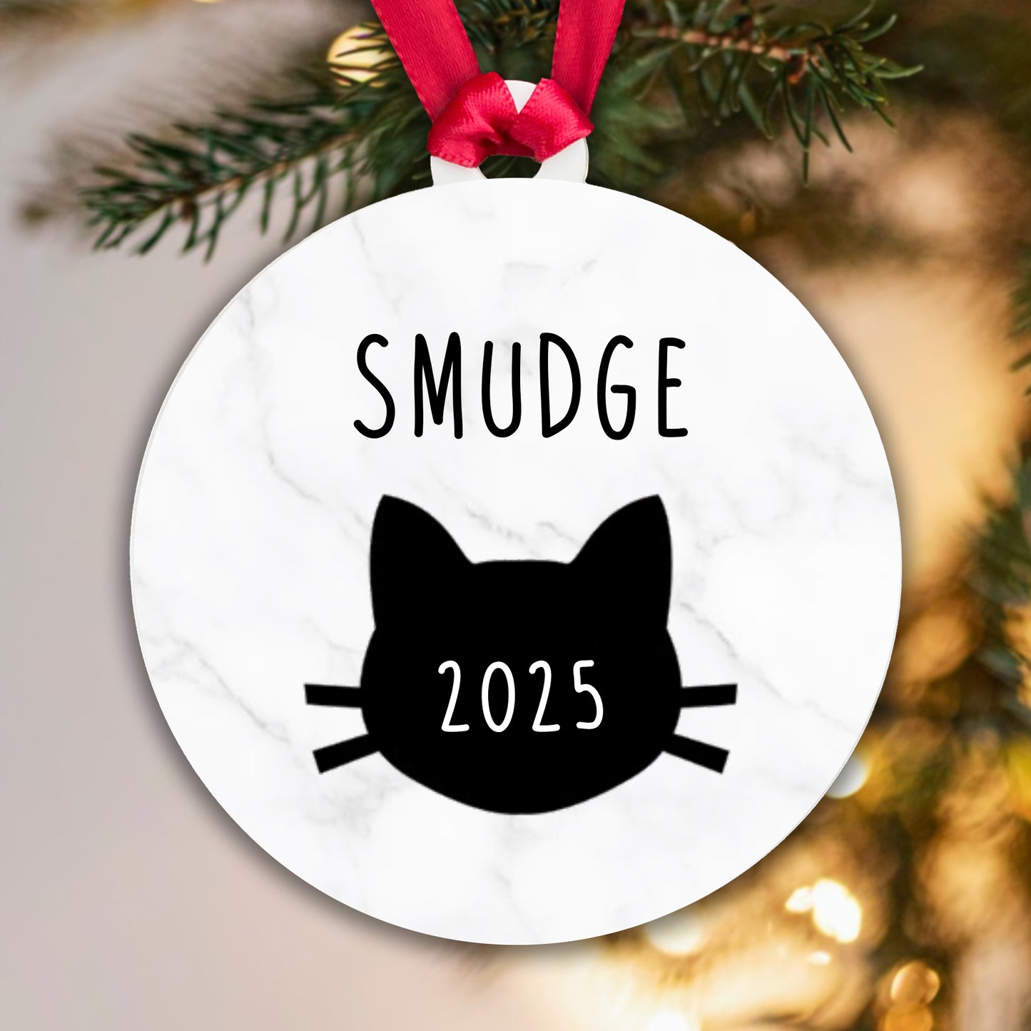Personalised Cat Name and Year Bauble Christmas Tree Decoration Acrylic