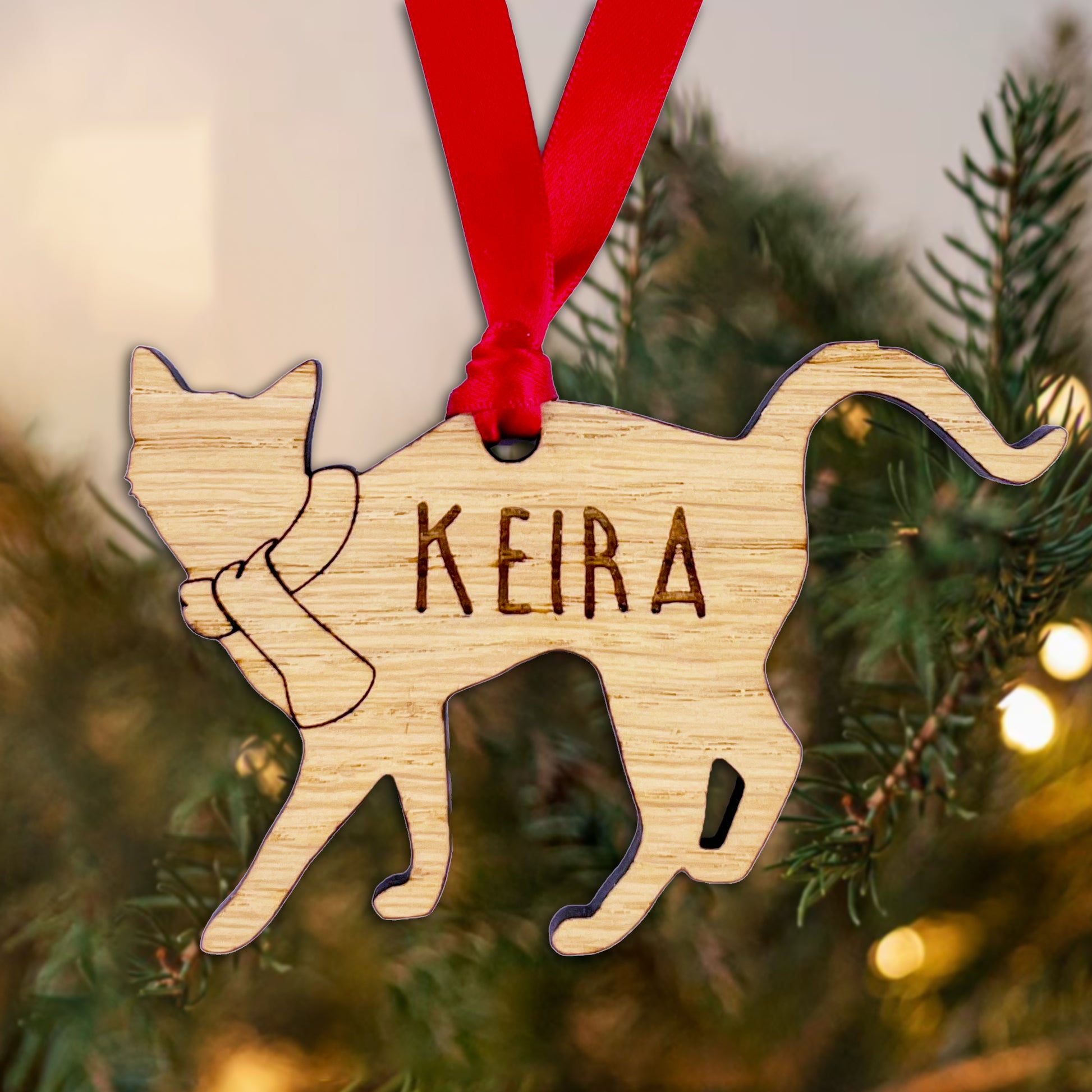 Personalised Wooden Cat Tree Bauble Decoration - Design 1