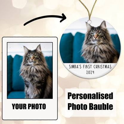 Personalised Cat's First Christmas Photo Bauble - Ceramic