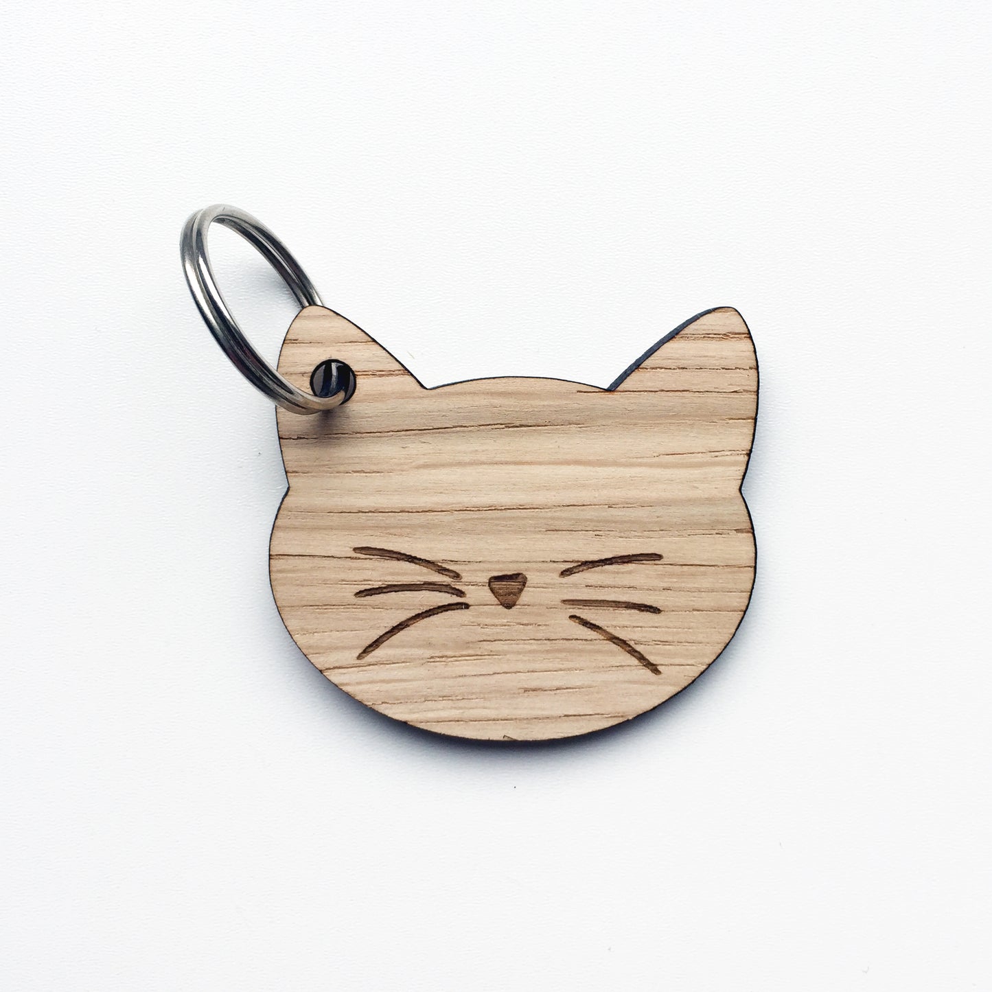 Cat Head with Whiskers Keyring - Sustainable Oak Veneer