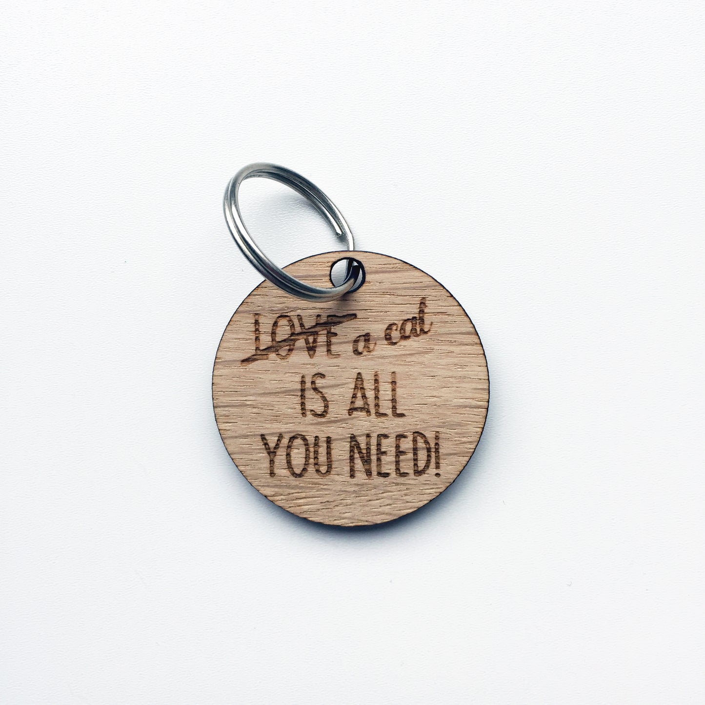 A Cat is all you need Keyring - Sustainable Oak Veneer