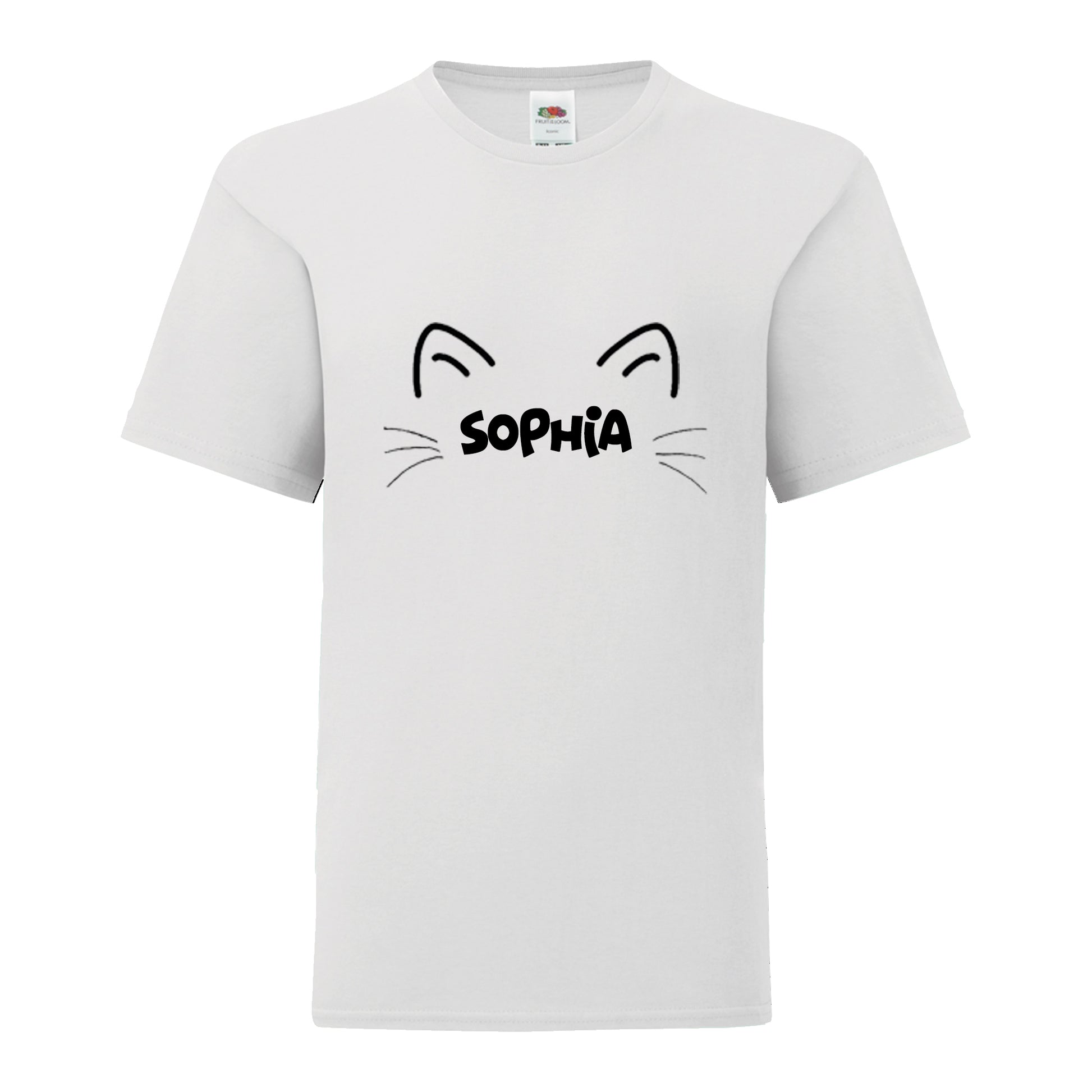Personalised Name Cat Ears & Whiskers T-Shirt: Kids - White