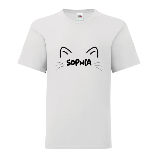 Personalised Name Cat Ears & Whiskers T-Shirt: Kids - White