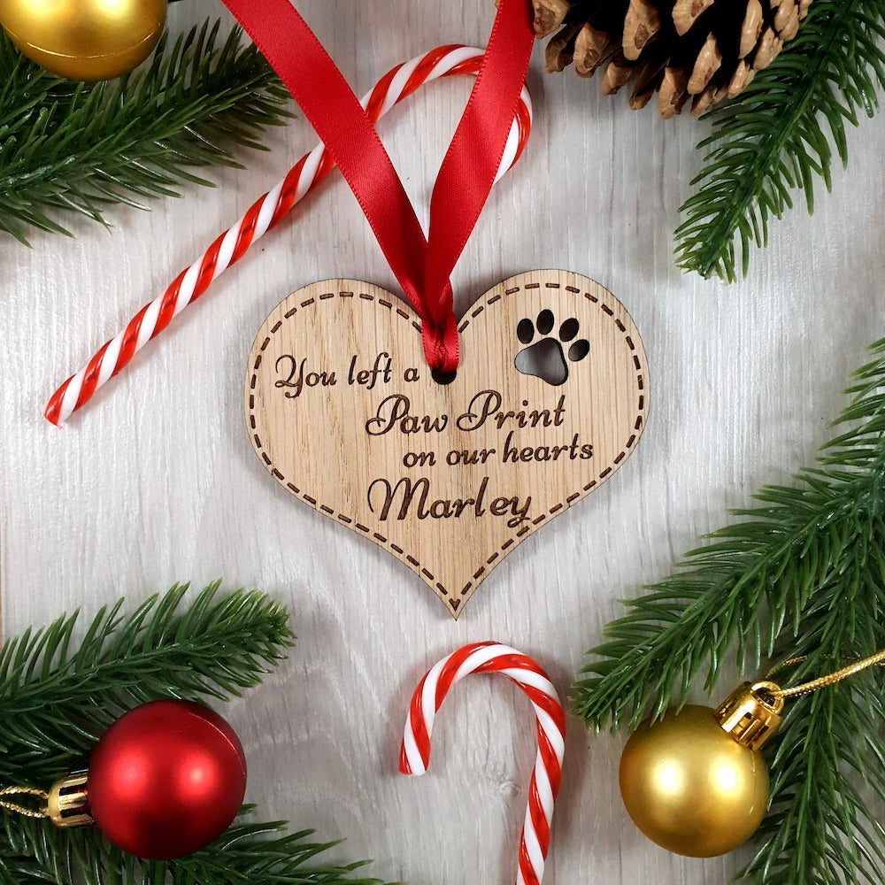 Personalised Bauble - You Left a Paw Print on Our Hearts Tree Decoration Pet Memorial