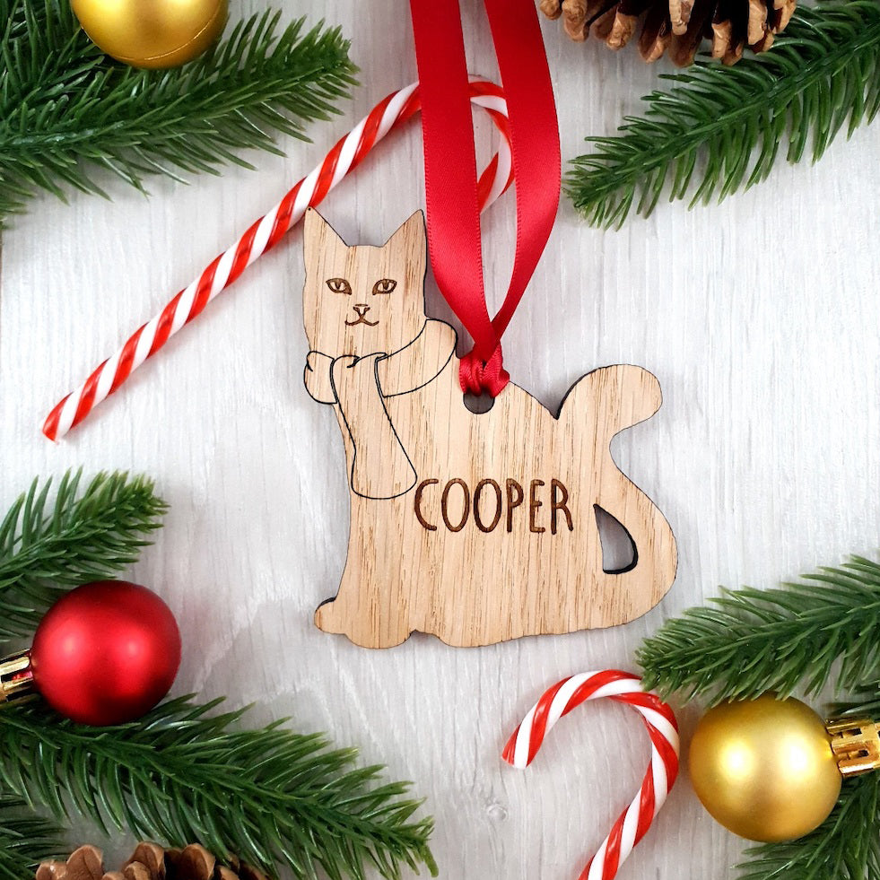 Personalised Wooden Cat with Scarf Christmas Decoration